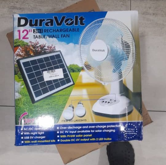 12" Duravolt 3 in 1 Table and Wall AC/DC Fan.
